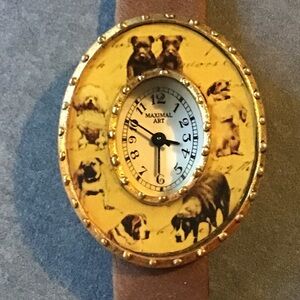 Maximal Art Dog-Themed Watch with Brown Leather Strap